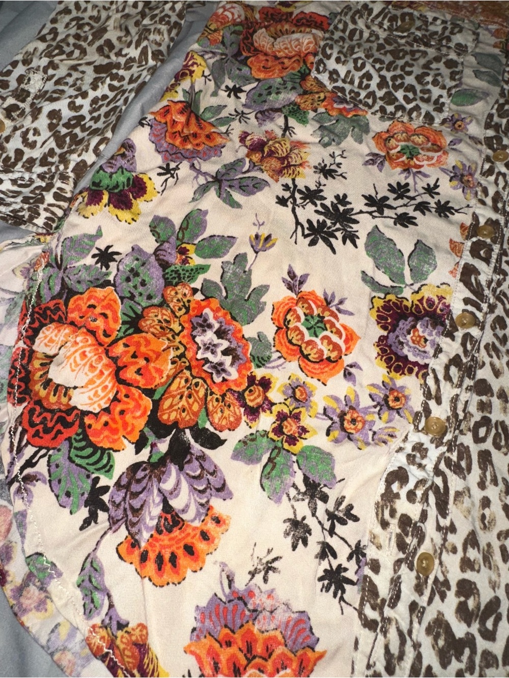 Anthropologie Pilcro Sz L Patchwork Button Up Blouse Floral Leopard Oversized - Picture 11 of 15